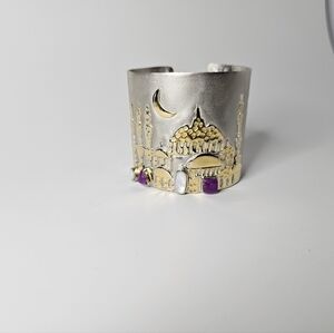 Silver and Gold Cuff Bracelet with Purple Accents